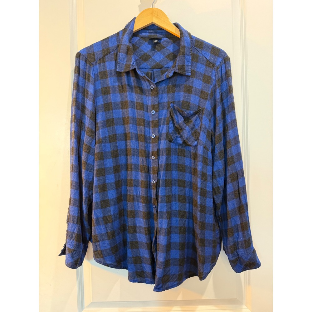 Torrid Blue Black Buffalo Plaid Button Down Shirt Plus Size 2 Long Sleeve Pocket